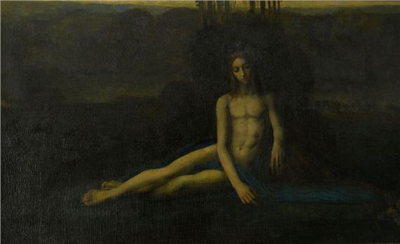 Follower of Jean-Jacques HENNER (1829-1905) Narcissus reflecting in the water Oil on canvas. Restoration. 89 x 146 cm by Jean-Jacques Henner