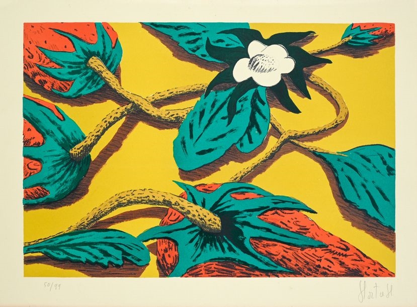Artwork by Philippe Hortala, Strawberries and strawberry blossoms, Made of Lithograph