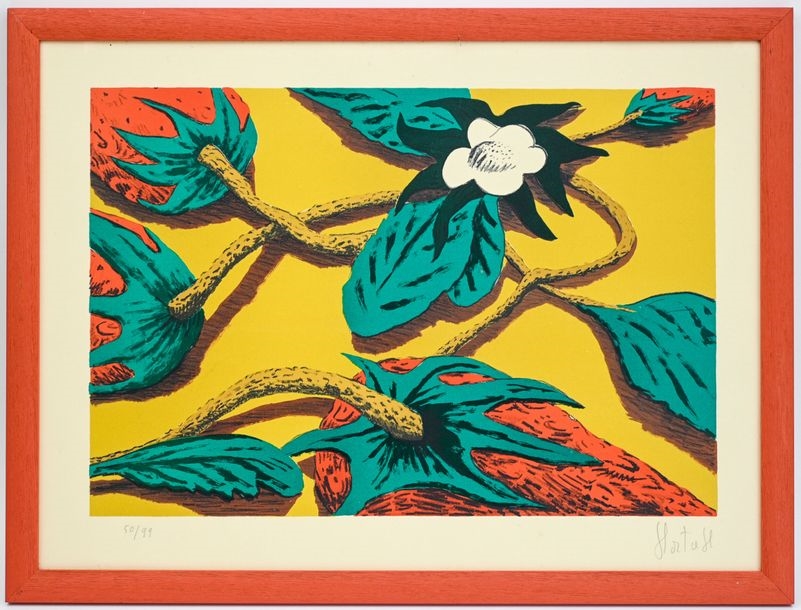 Artwork by Philippe Hortala, Strawberries and strawberry blossoms, Made of Lithograph
