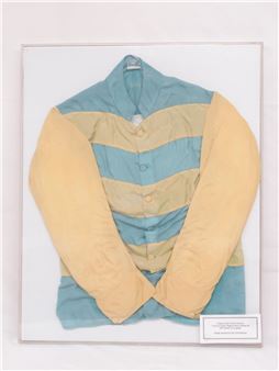 York Racecourse Collection - Framed  of Sir Victor Sassoon, worn by Lester Piggott when winning the Derby on Crepello

Shipping POA https://www.bradleys.ltd/quotation-request-form - Lester Piggott