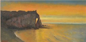 Pierre RISACHER (1954) Etretat Oil on panel. Signed lower left. Situated on the back. 20 x 40 cm - Pierre Risacher