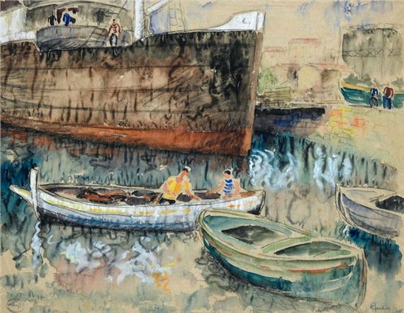 Harbour view with fishermen in a boat