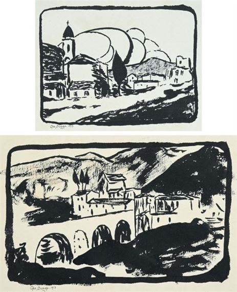 Two landscapes: Paysage au clocher and Paysage à l'aqueduc Inks on paper signed and dated lower left "Geo Diongo" by Georges Gaudion, 1913