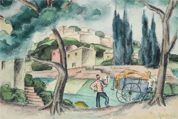 Farmers at rest in front of an overhanging village