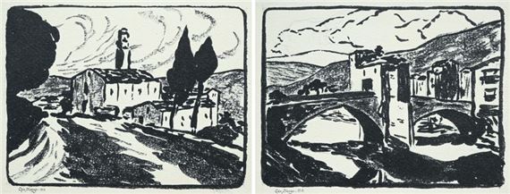 Deux paysages : Vue sur un pont et Chemin aux cyprès Encres sur papiers