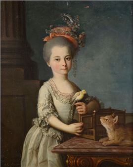 Attributed to Claude POUGIN de SAINT-AUBIN (circa 1720 - circa 1783) Portrait of a young girl with a bird and a cat Canvas. Missing. 83 x 65.5 cm - Claude Pougin de Saint-Aubin