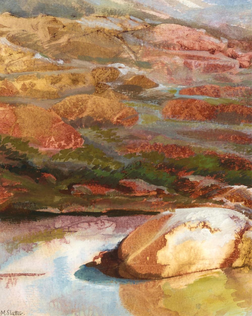 Artwork by M Slater, Untitled, Rock Formations at Lake, Made of watercolour
signed lower left, watercolour