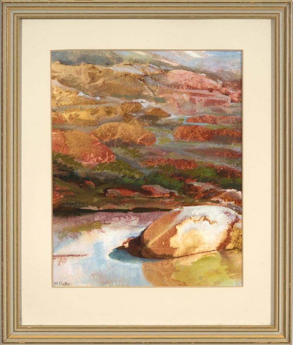 Artwork by M Slater, Untitled, Rock Formations at Lake, Made of watercolour
signed lower left, watercolour