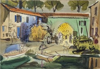 Travaux à la ferme  signée en bas à gauche - Jean Hourregue