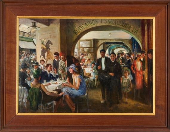 Sous les arceaux à Bayonne, la chocolaterie Cazenave , signée et située en bas à droite. 65 x 92 cm Léon Fauret est né à Mugron dans les Landes et suit sa formation à l'académie Julian à Paris auprès de J.P. Laurens, Benjamin Constant et Gabriel Ferrer. il devient.. - Jean Joseph Léon Fauret