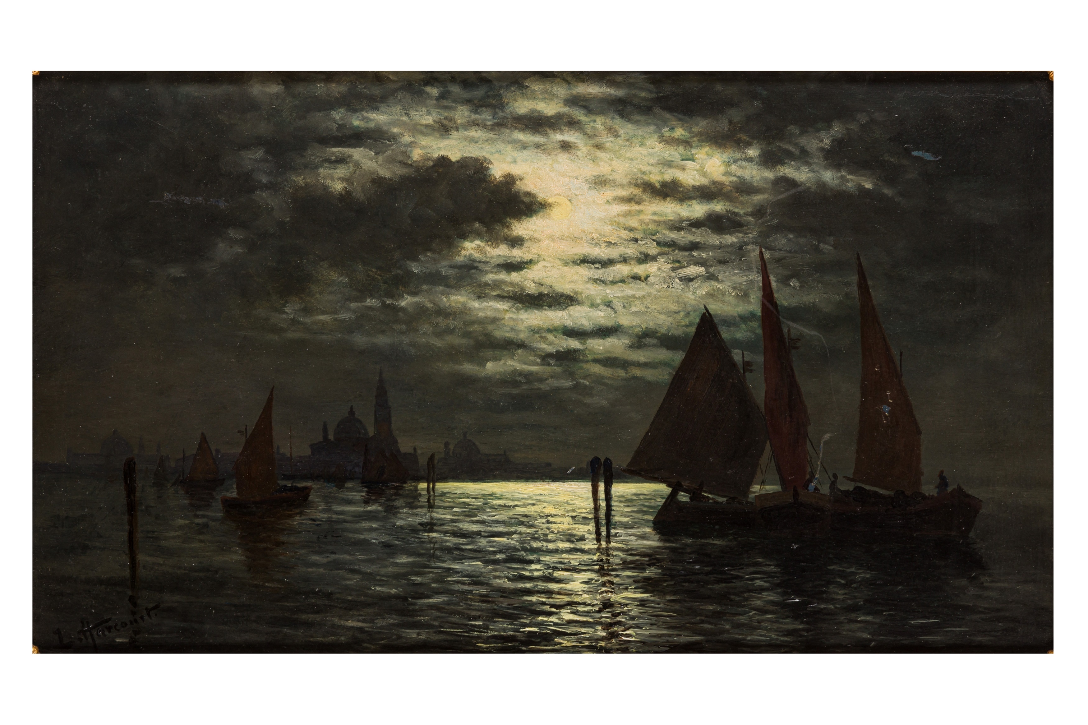Artwork by Louis Hubbard Grimshaw, Nocturnal shipping scene, Made of oil on panel