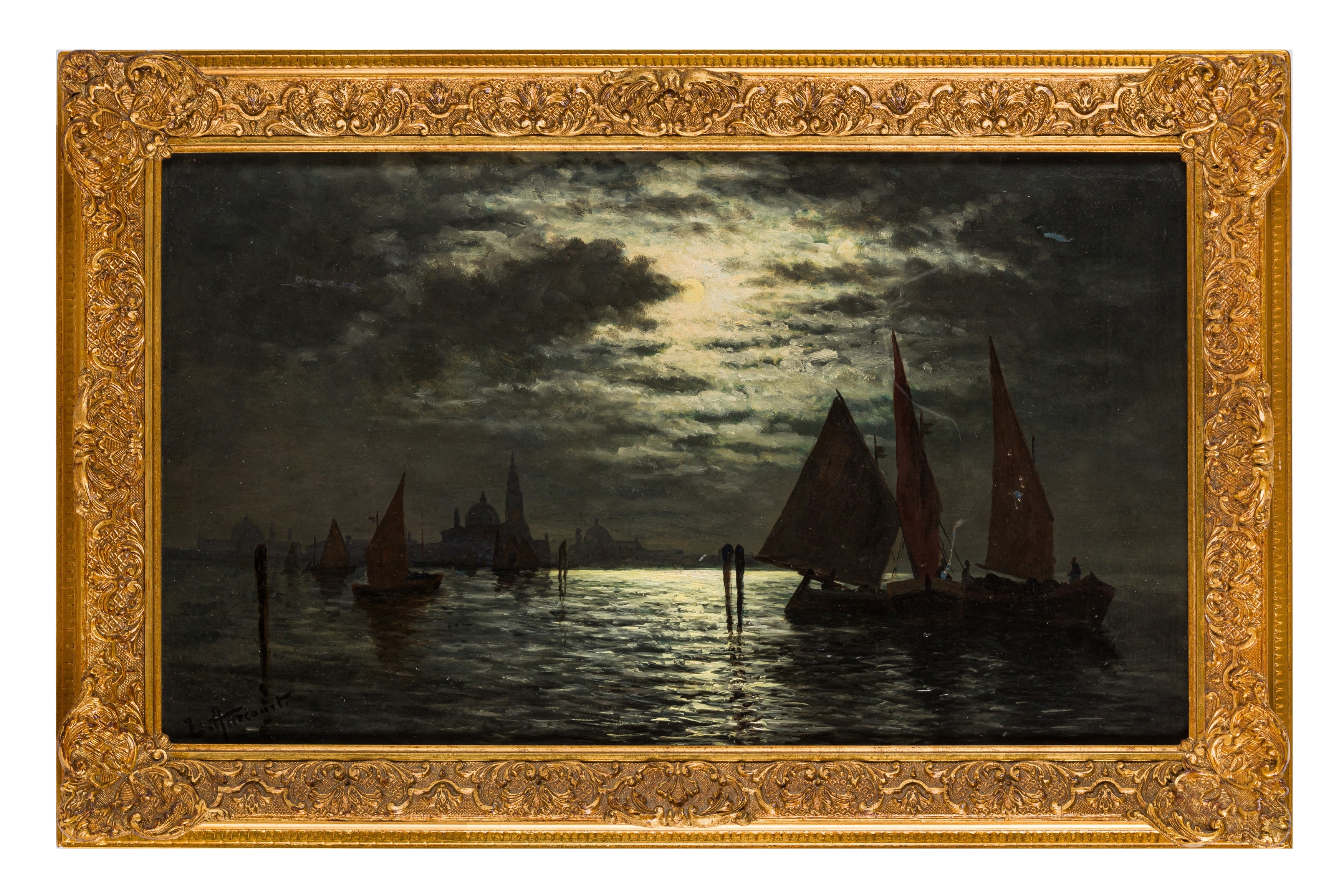 Artwork by Louis Hubbard Grimshaw, Nocturnal shipping scene, Made of oil on panel
