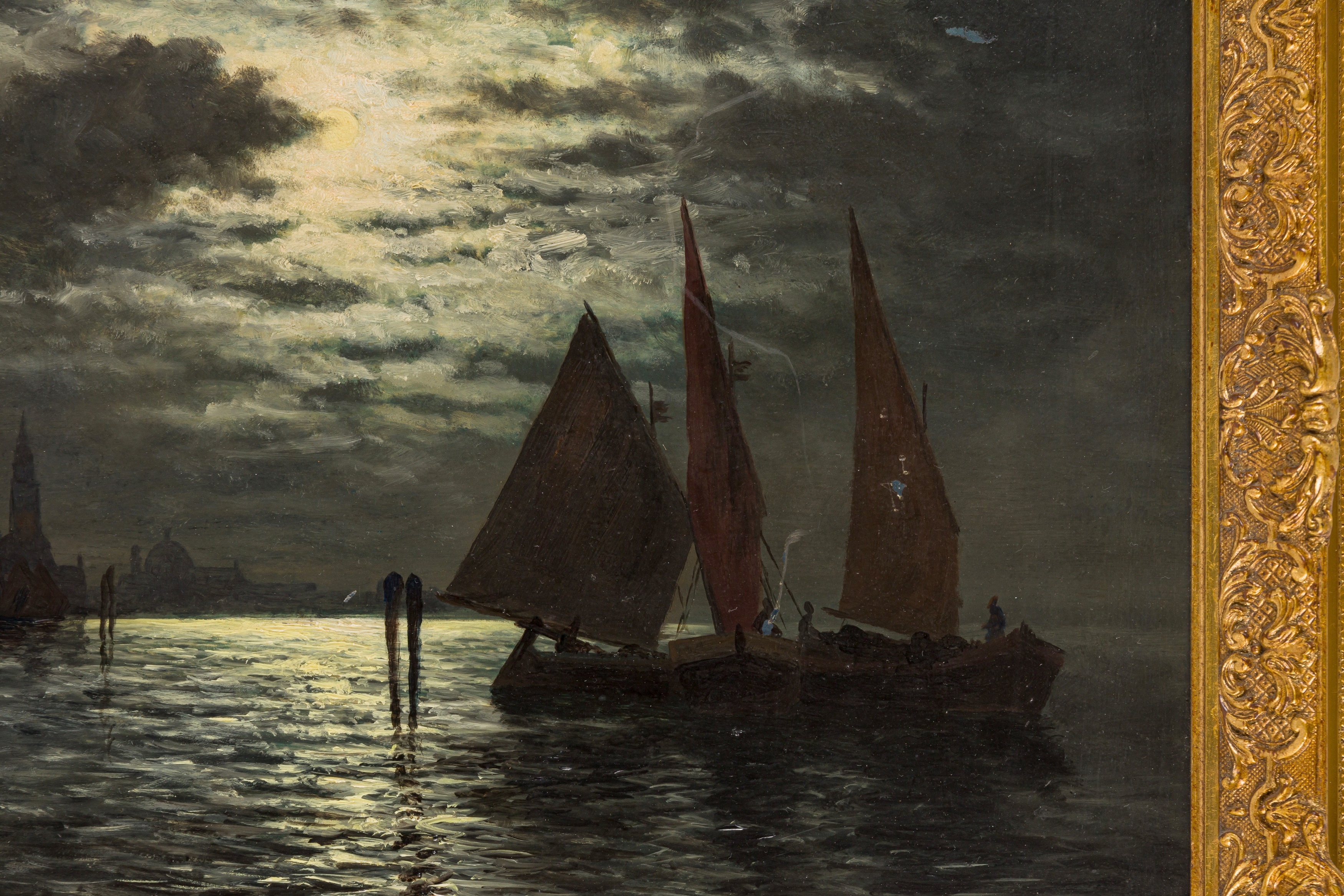 Artwork by Louis Hubbard Grimshaw, Nocturnal shipping scene, Made of oil on panel