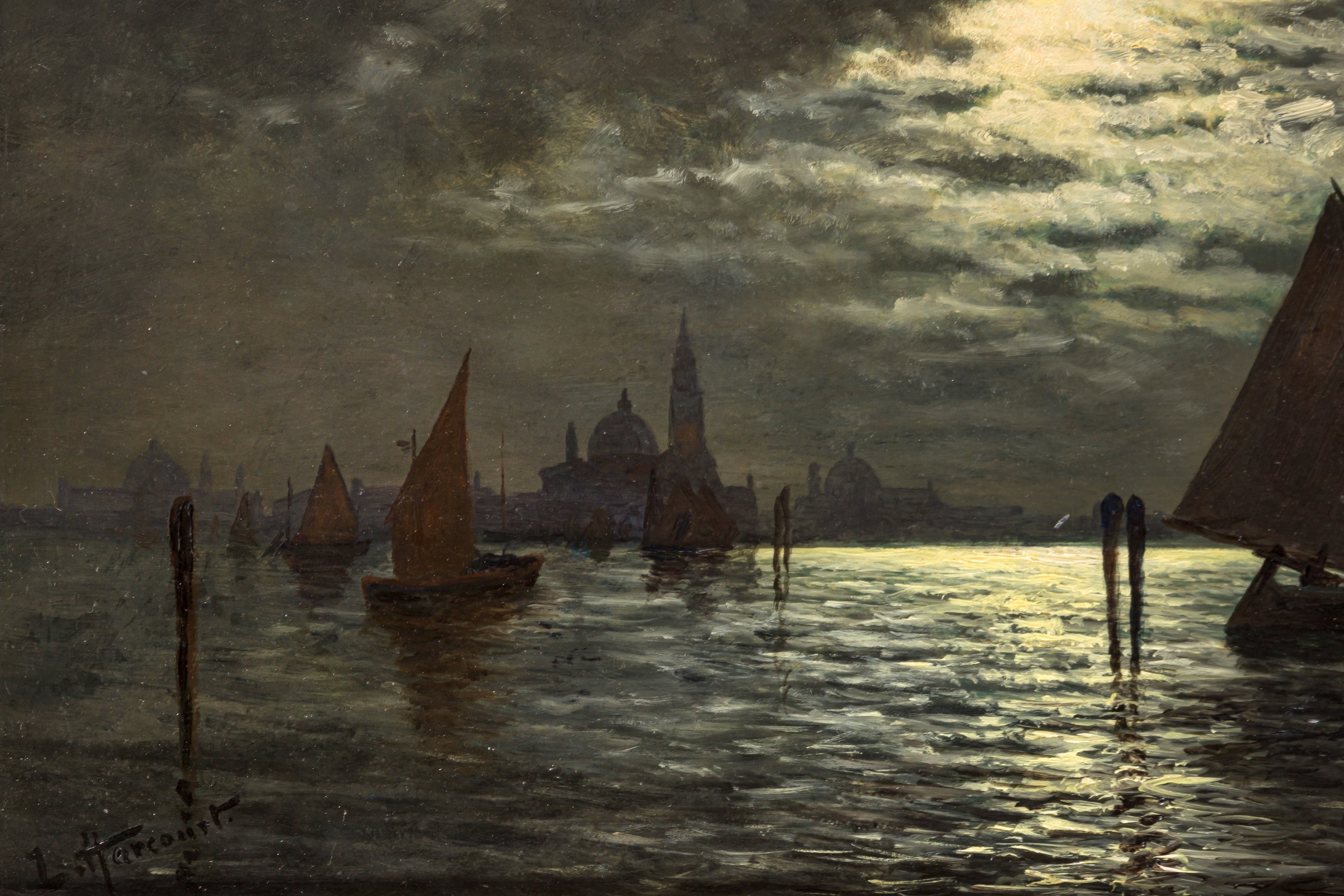 Artwork by Louis Hubbard Grimshaw, Nocturnal shipping scene, Made of oil on panel