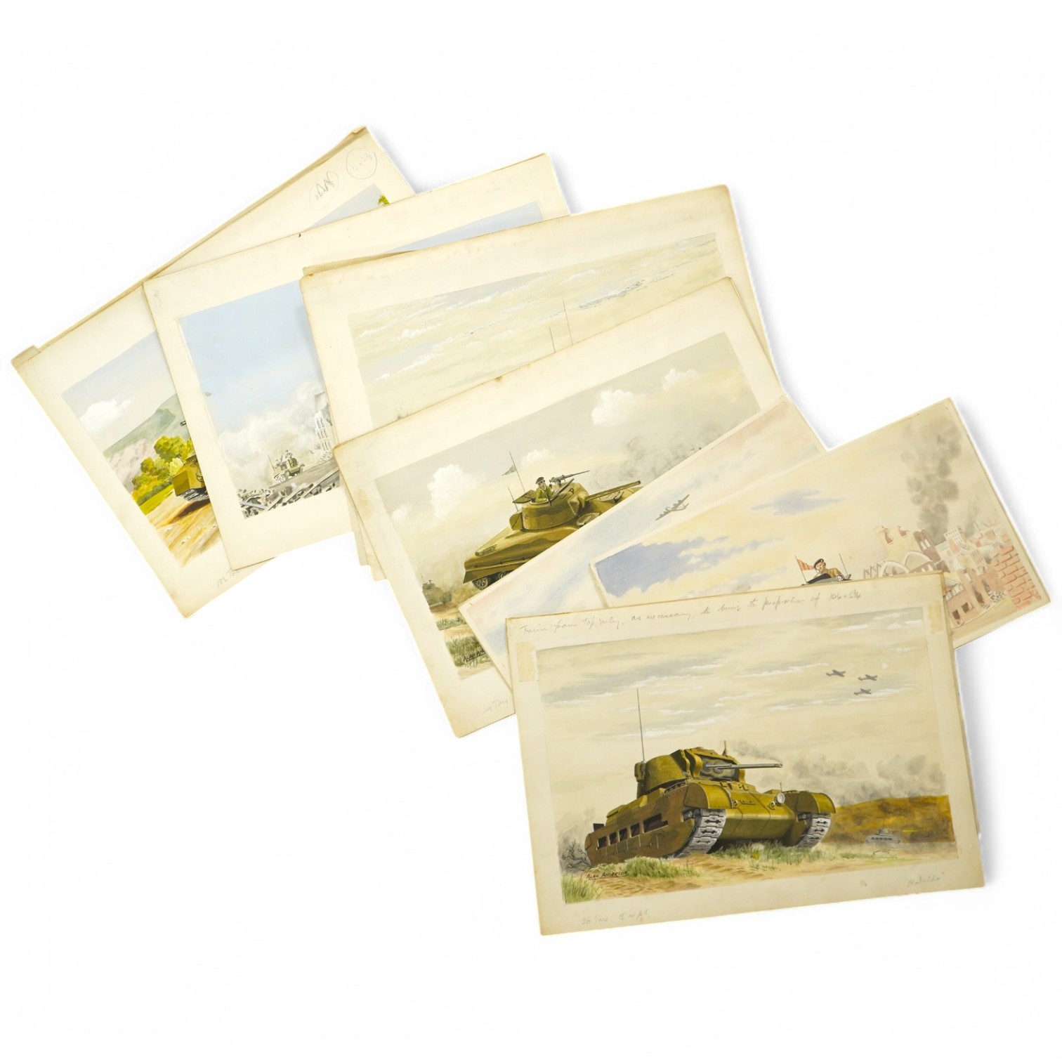 Artwork by Alan Anderson, Alan Anderson, set of eight original WWII watercolours for postcard designs, Military vehicles to, Made of watercolours
