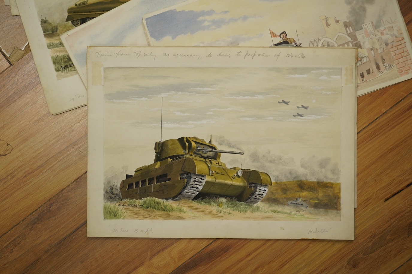 Artwork by Alan Anderson, Alan Anderson, set of eight original WWII watercolours for postcard designs, Military vehicles to, Made of watercolours