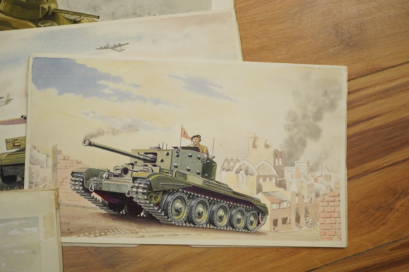Artwork by Alan Anderson, Alan Anderson, set of eight original WWII watercolours for postcard designs, Military vehicles to, Made of watercolours