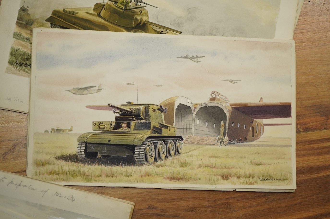 Artwork by Alan Anderson, Alan Anderson, set of eight original WWII watercolours for postcard designs, Military vehicles to, Made of watercolours
