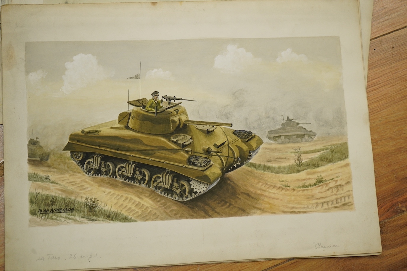 Artwork by Alan Anderson, Alan Anderson, set of eight original WWII watercolours for postcard designs, Military vehicles to, Made of watercolours