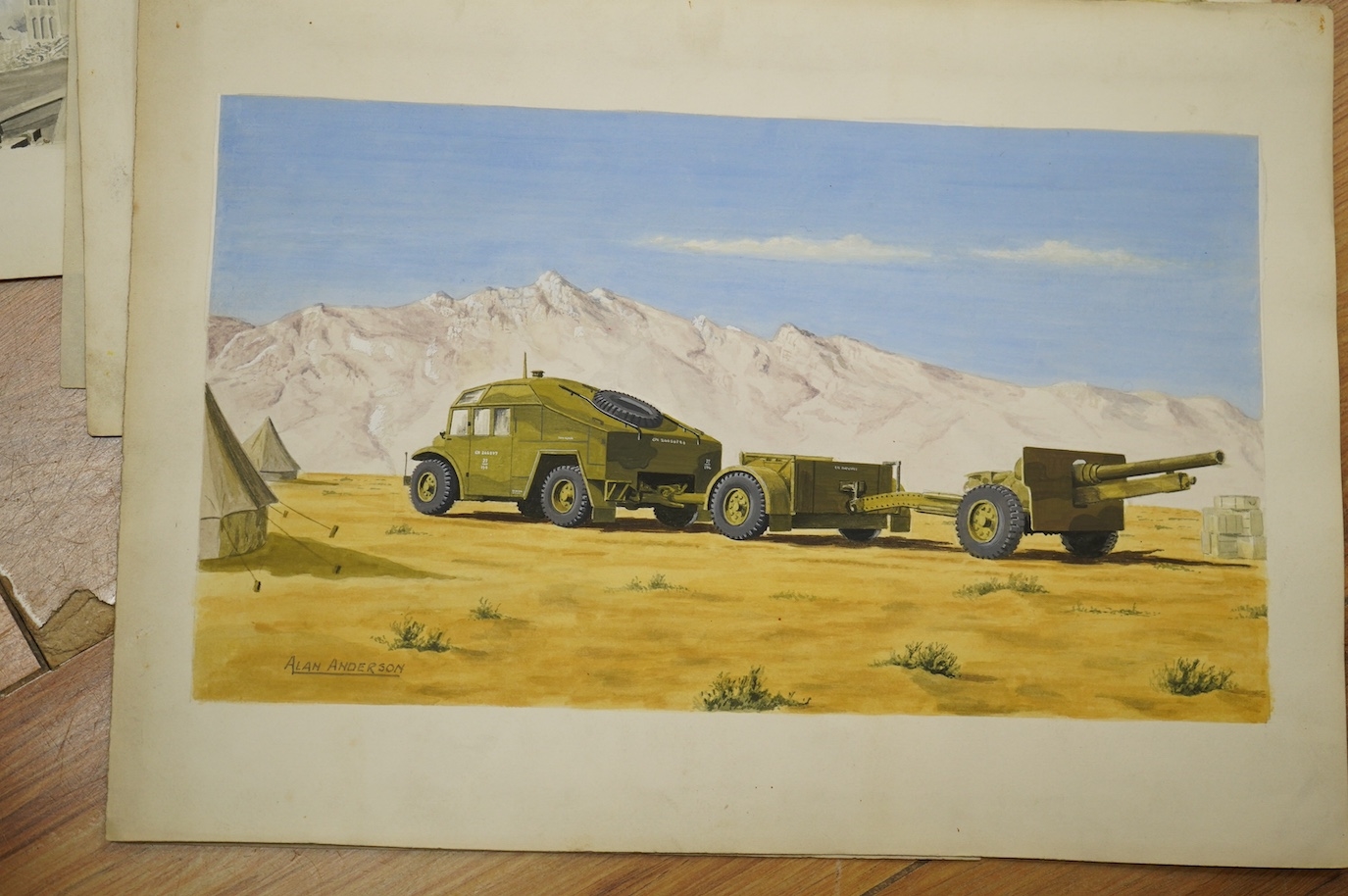 Artwork by Alan Anderson, Alan Anderson, set of eight original WWII watercolours for postcard designs, Military vehicles to, Made of watercolours