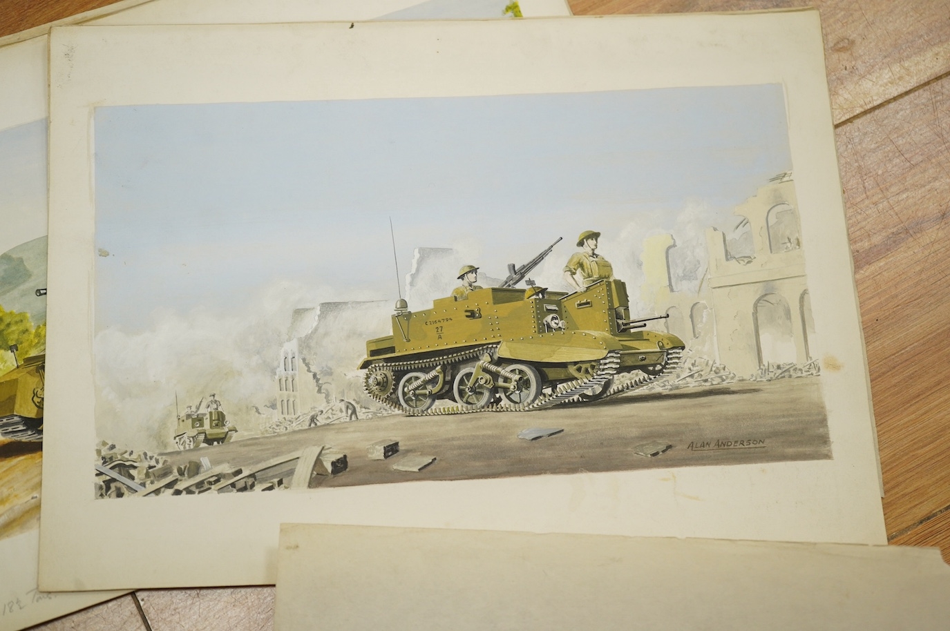 Artwork by Alan Anderson, Alan Anderson, set of eight original WWII watercolours for postcard designs, Military vehicles to, Made of watercolours