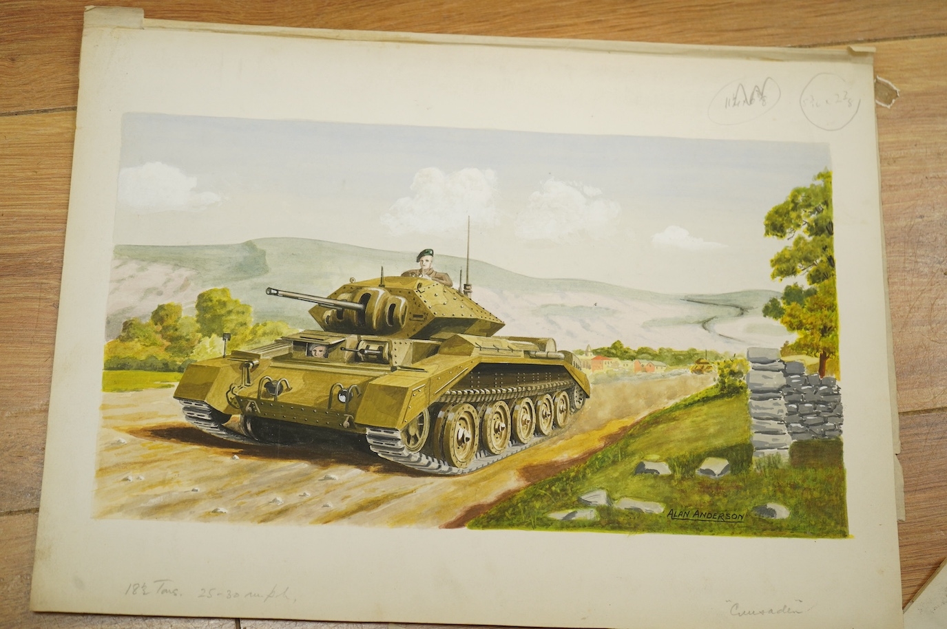 Artwork by Alan Anderson, Alan Anderson, set of eight original WWII watercolours for postcard designs, Military vehicles to, Made of watercolours