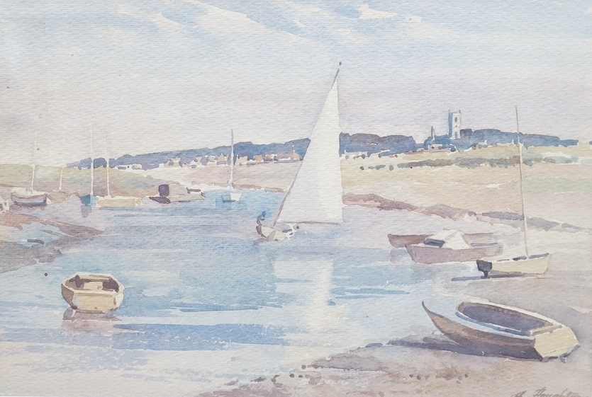 Artwork by Albert Houghton, Riverscape with sailing boats, Made of watercolour