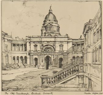 A detailed ink sketch of a grand university quadrangle featuring a central domed building and surrounding classical architecture.