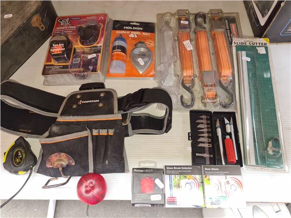 A crate containing various security and and safety tools. Examples held in crate include As new in box items such as a  Break detector, Door Alarm by Cutter