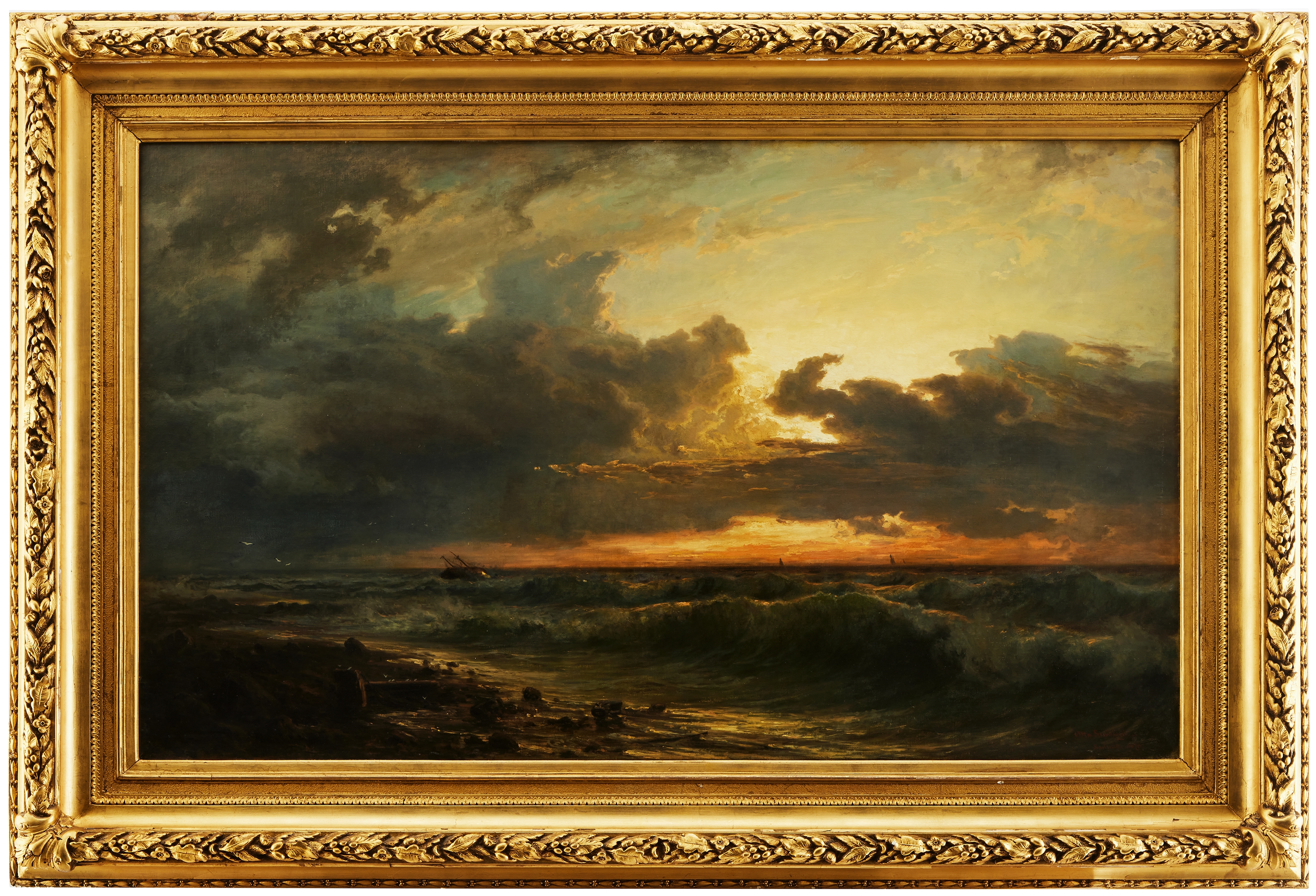 Artwork by Otto Sinding, Skeppsbrott i solnedgång, Made of oil on canvas