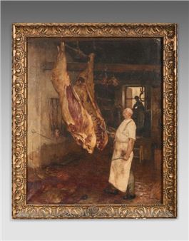 Gustave SURAND (1860-1937) At the butcher's in Angervilliers Oil on canvas signed lower right. 72 x 59 cm Provenance: February 28, 1973, sale Paris, Hôtel Drouot, Maître Robert, no. 69 - Gustave Surand