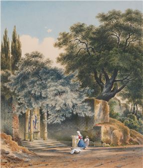 Junge Mutter in der Tracht der Albaner Berge, vor einer Marienstatue im Wald betend - Hermann Herdtle