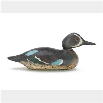 Outstanding and early, handmade bluewing teal with slightly turned head and double blue paint pattern - Mason Decoy Factory