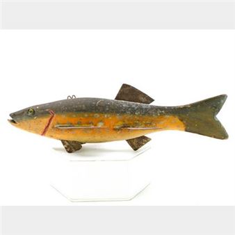 Large trout fish decoy with carved eyes, open mouth, and carved gills extending in to the underside of the fish - Chuck Hall
