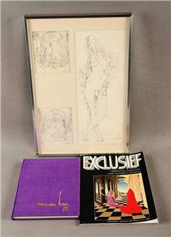 A framed collection of pencil sketches sits above a purple book and a glossy magazine featuring a surreal illustration.