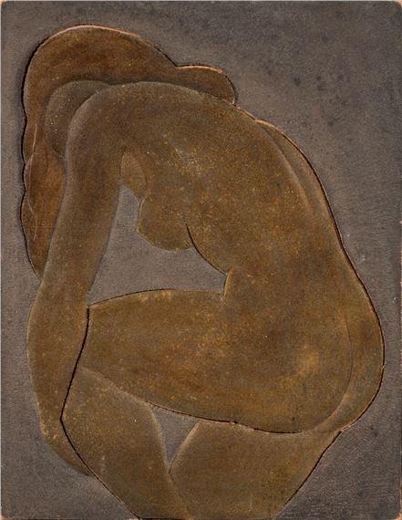 André Ducaroy (1899-1972) Panneau en laque polychrome sur liège à décor de femme nue. Petits accidents. TR