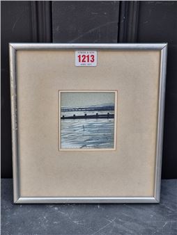 A framed watercolor painting of a frozen river with a distant bridge, featuring a red catalog number sticker.