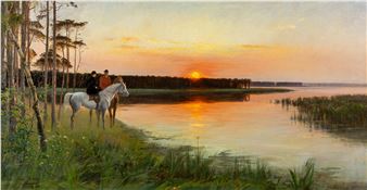 Paul Söborg (1852-1937) 'Horse Riders at Sunset' (1894) (L:141 x H:74 cm - Paul Söborg