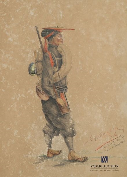 Artwork by Thenadeu F., Tirailleur Tonkinis, campaign outfit, Made of Pencil and pastel on paper