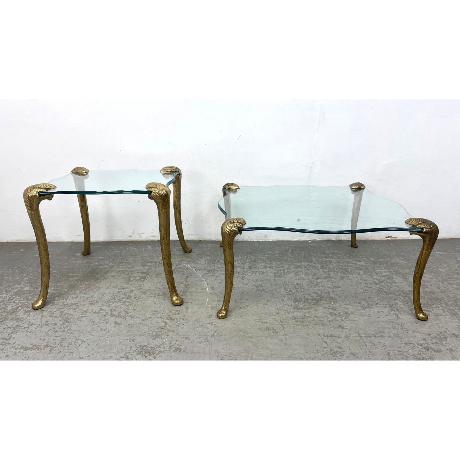 Artwork by Guérin, 2pc Brass and glass coffee table and end table. Guerin style, Made of Brass and glass
