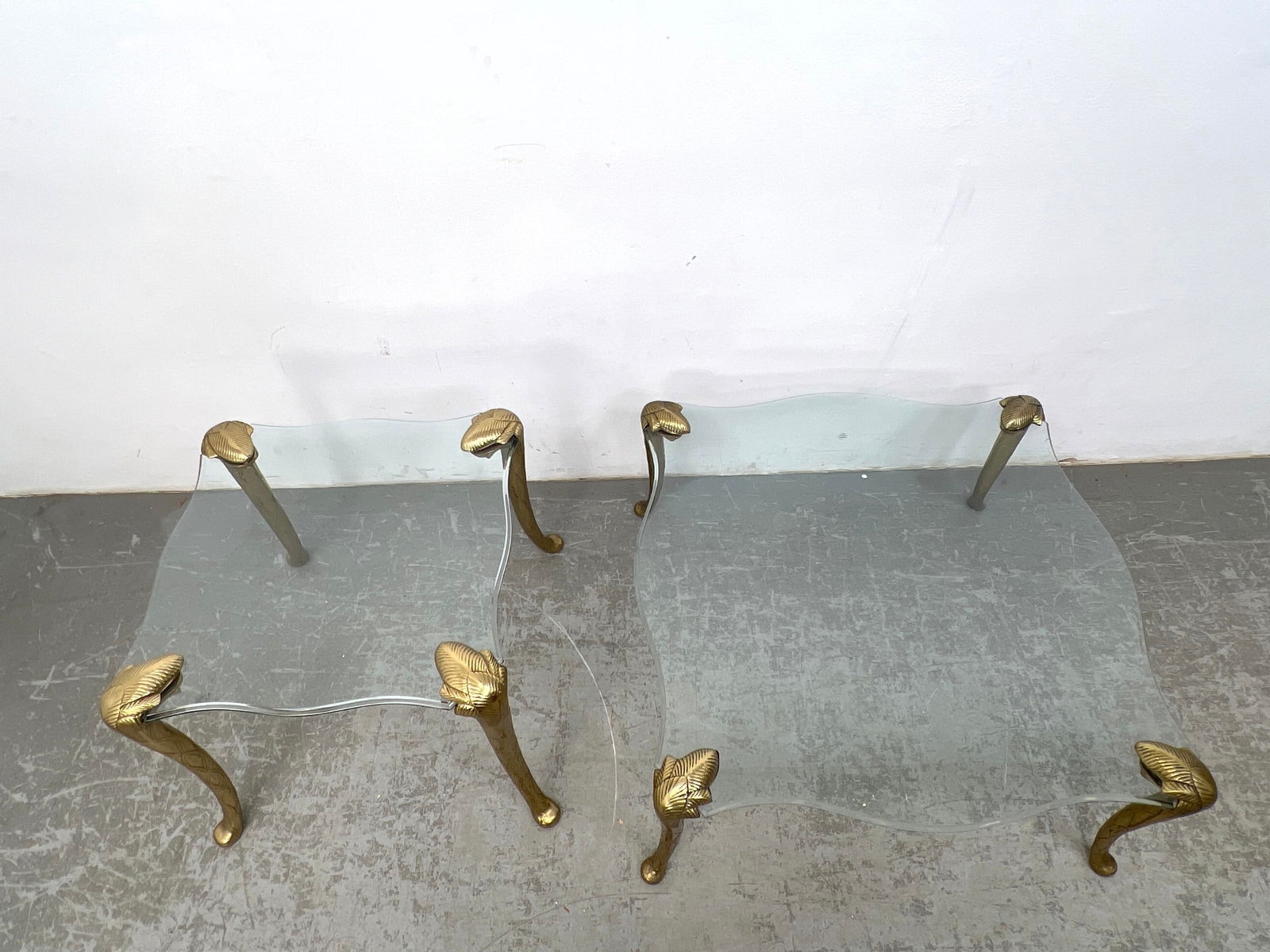 Artwork by Guérin, 2pc Brass and glass coffee table and end table. Guerin style, Made of Brass and glass