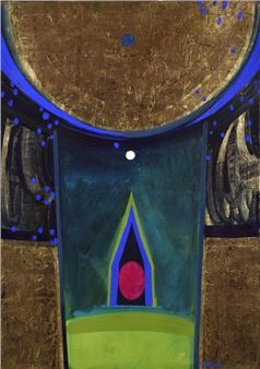 A geometric composition featuring a golden archway framing a glowing red circle against a dark teal background.