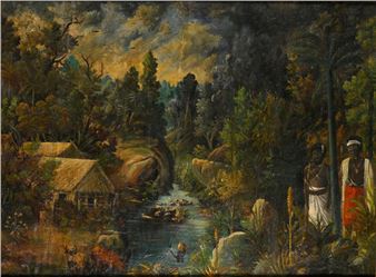 Lively village near a river - Malagasy School, 20th Century