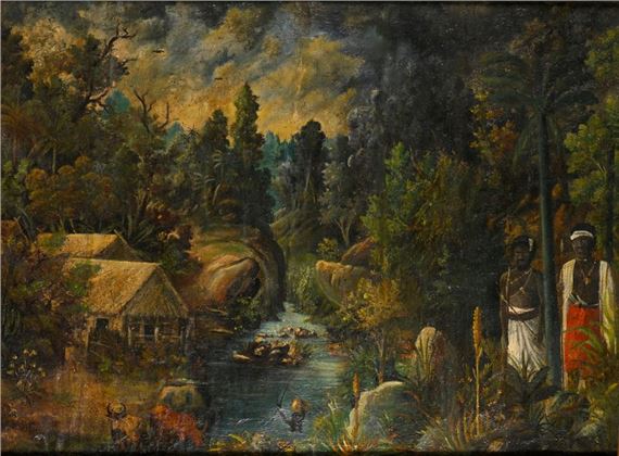 Lively village near a river - Malagasy School, 20th Century