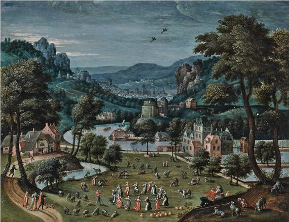 An extensive river landscape with a town by Southern Netherlandish School, 16th Century