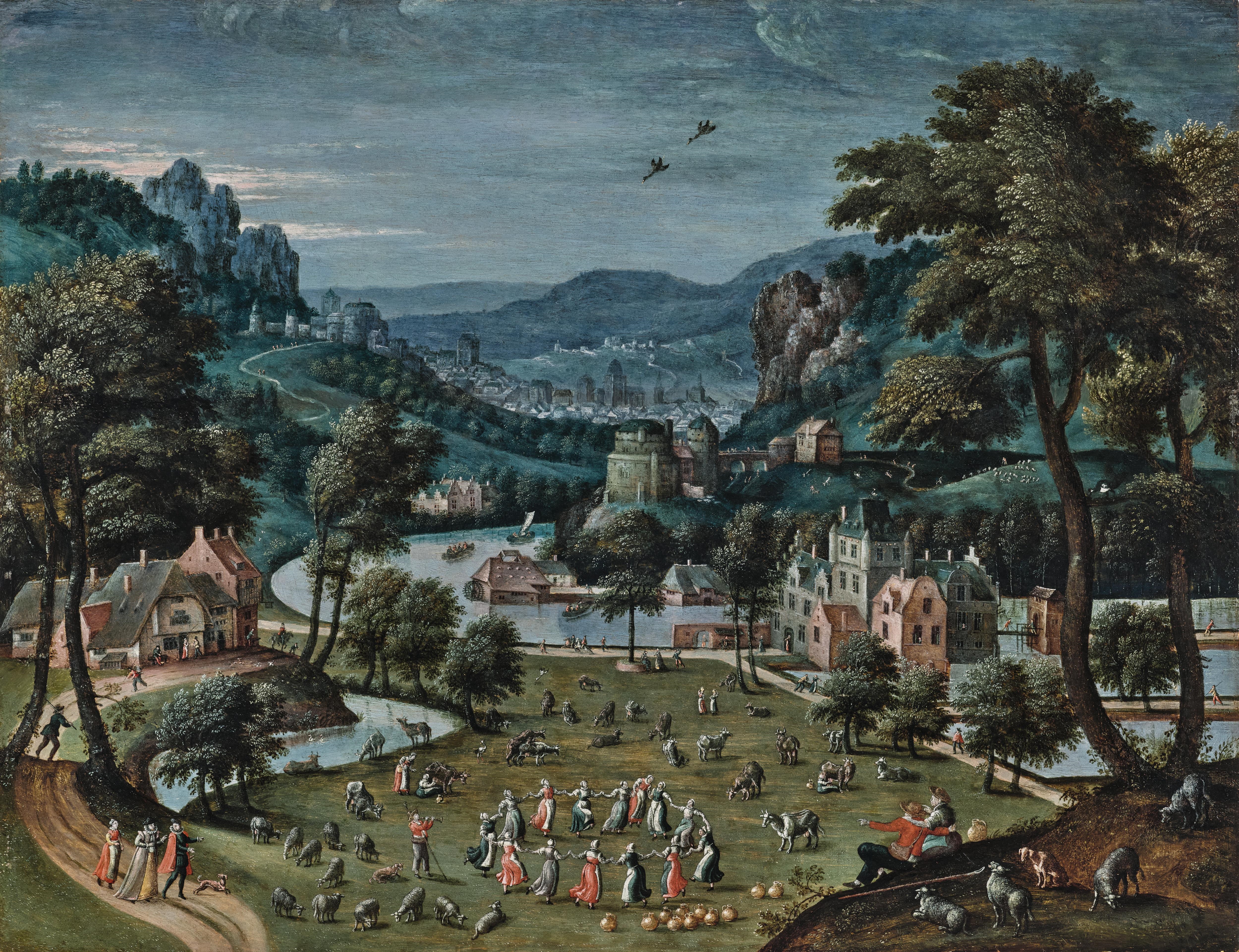 Artwork by Southern Netherlandish School, 16th Century, An extensive river landscape with a town, Made of oil on panel