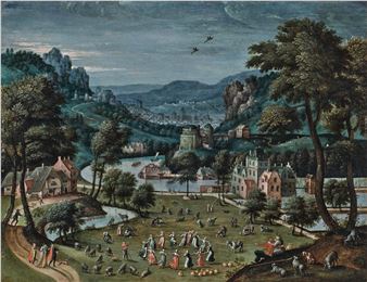 An extensive river landscape with a town - Southern Netherlandish School, 16th Century