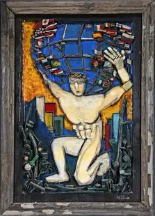 Artwork by Ab the Flagman, Charles Atlas, Made of Paint and scrap wood construction backed to heavy door