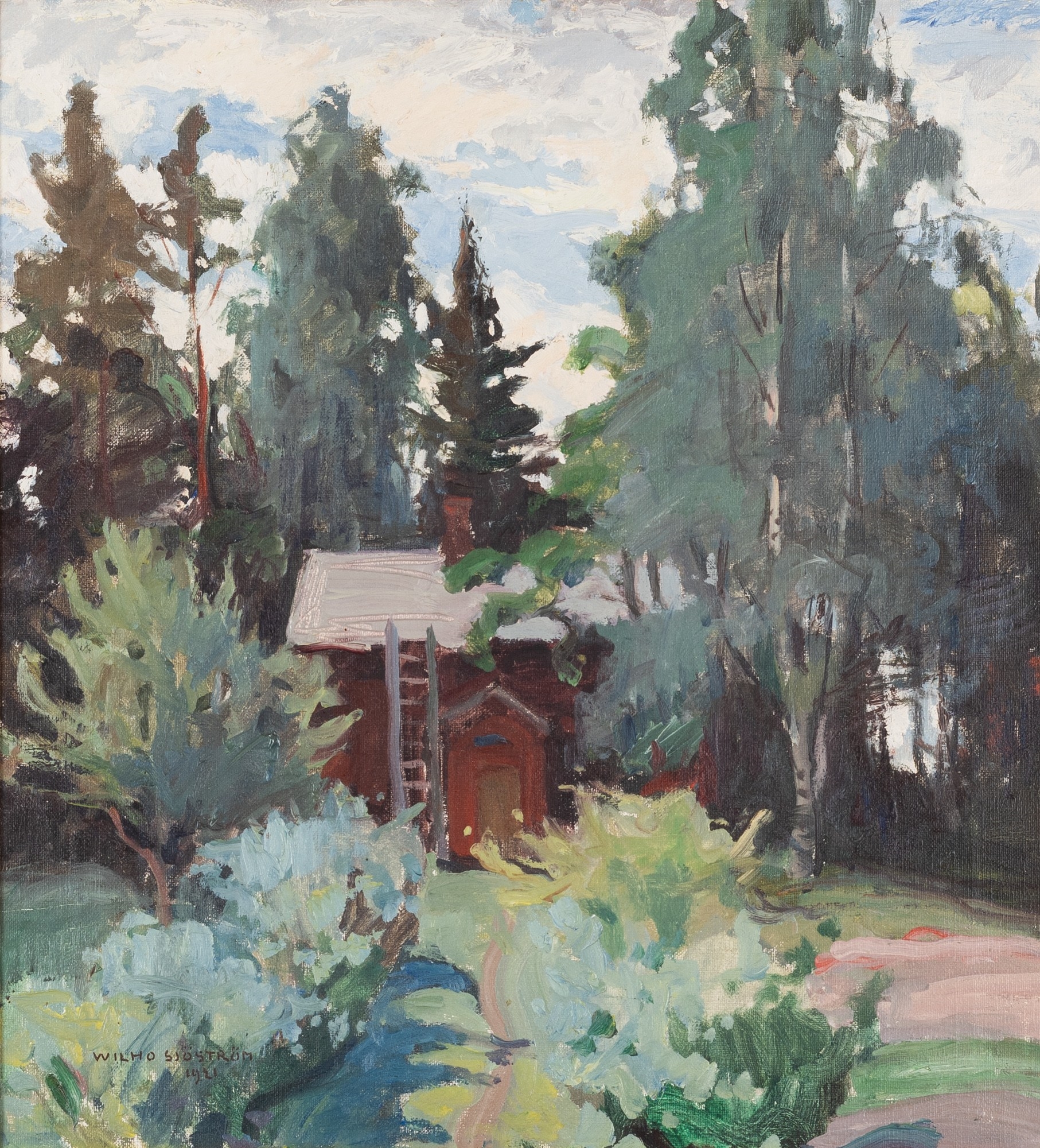 Artwork by Vilho Sjöström, Red house, Made of Oil