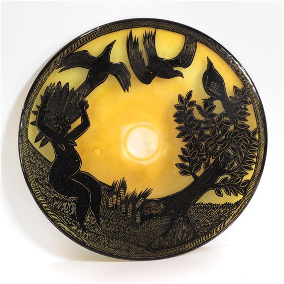 a cameo glass plaque of recent manufacture cased and acid-etched with a nude figure below two birds in flight - Clare Henshaw